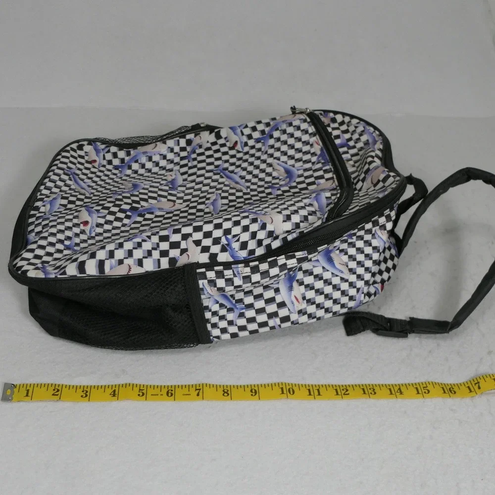 Kids Shark Backpack OS Black White Checkered Skater Streetwear Adventure Travel